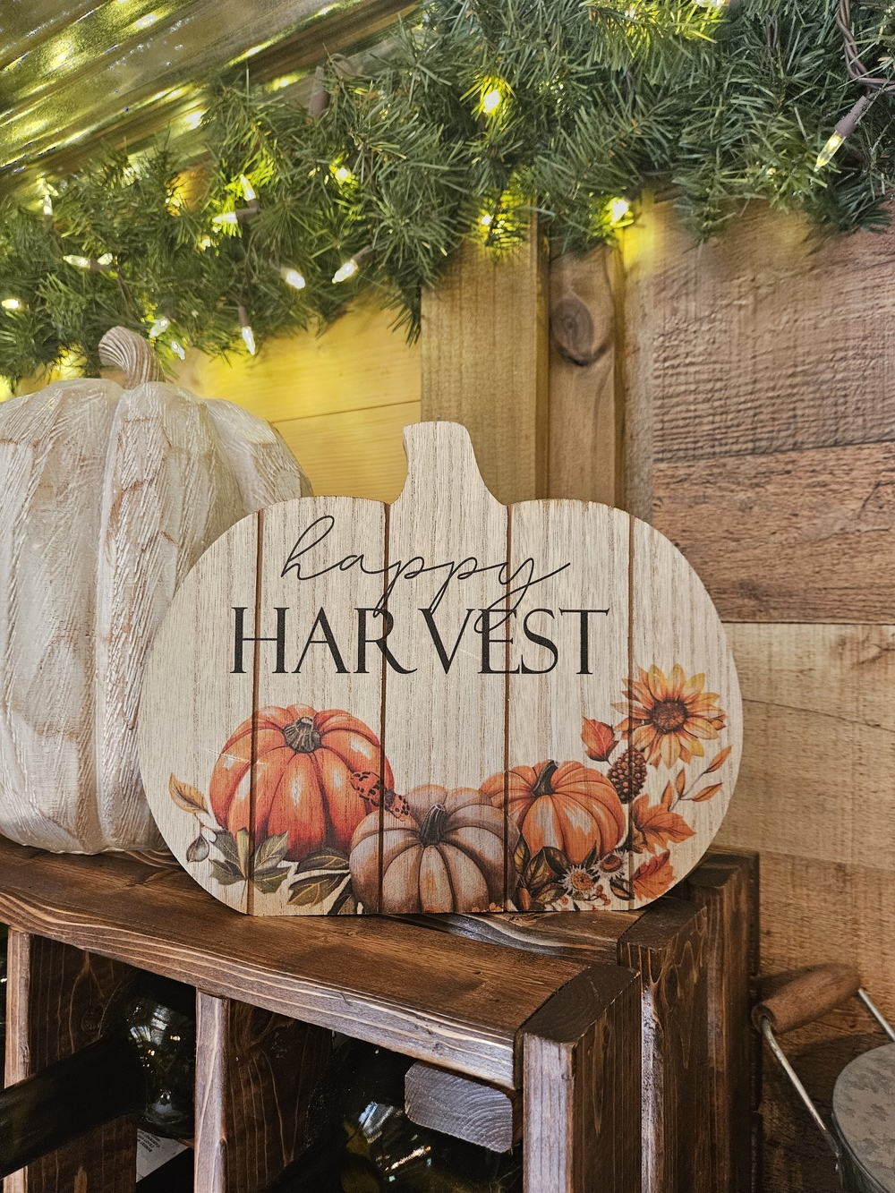 Wooden Pumpkin "Happy Harvest" Fall Sign - Orange Accents